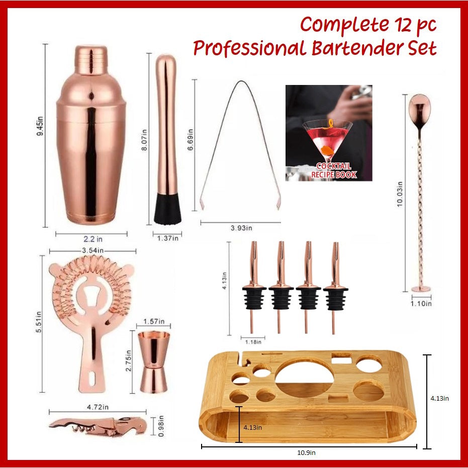 12pc Bartender Gift Box Set | Stainless Steel Cocktail Maker Shaker | Bartending Accessories