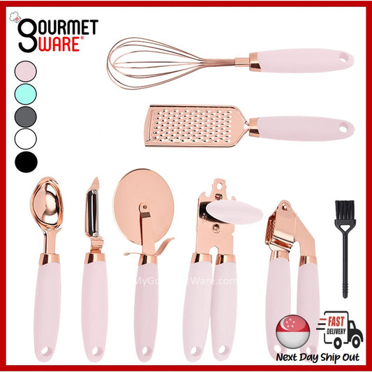 [SG Stock] Premium Rose Gold Kitchen Gadget Set Stainless Steel Utensils with Soft Grip Handles 7pc Set [Gourmet Ware]