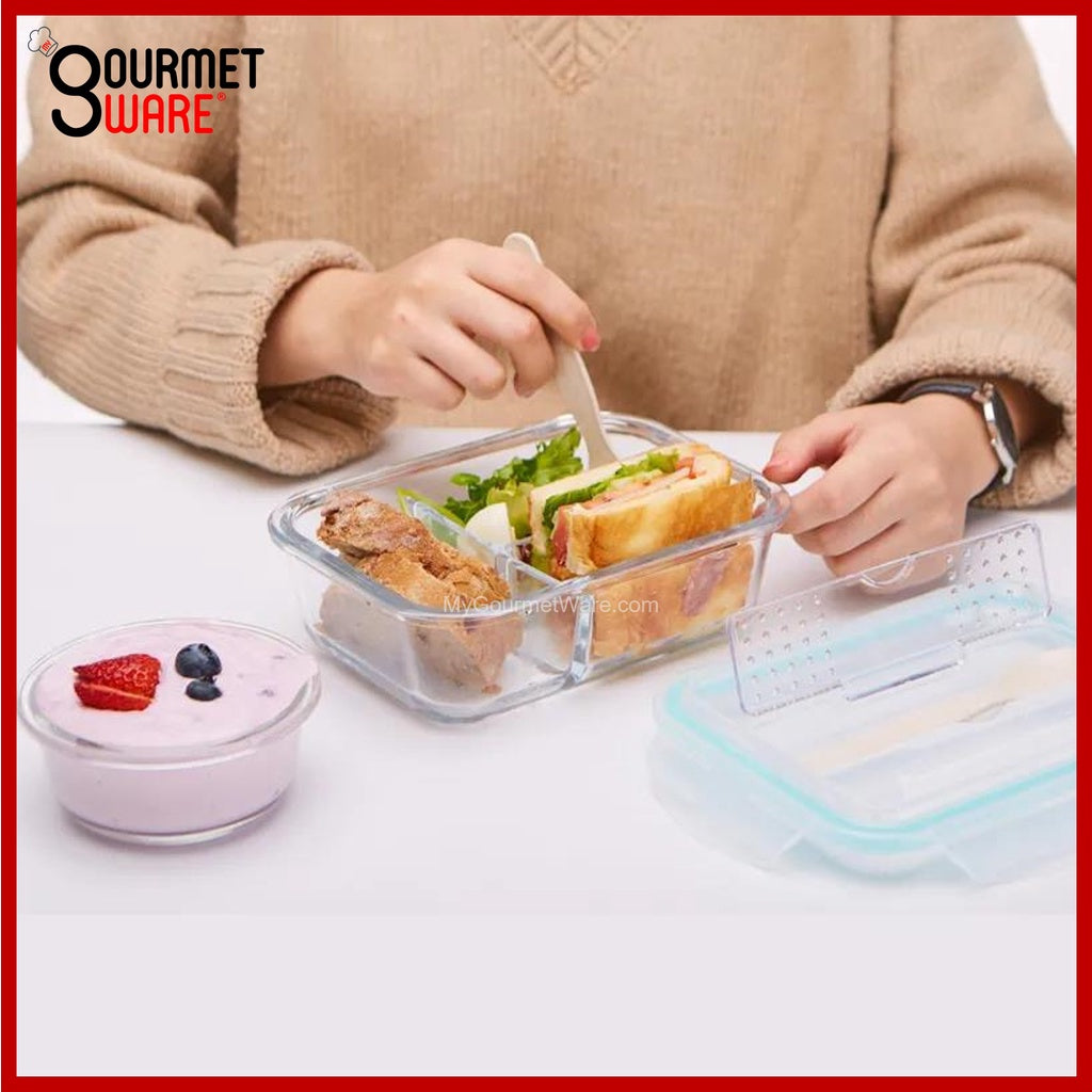 [SG Stock] Glass Lunch Box with Cutlery Storage | BPA Free and Leak Proof | Meal Prep Bento Box | Microwave Safe