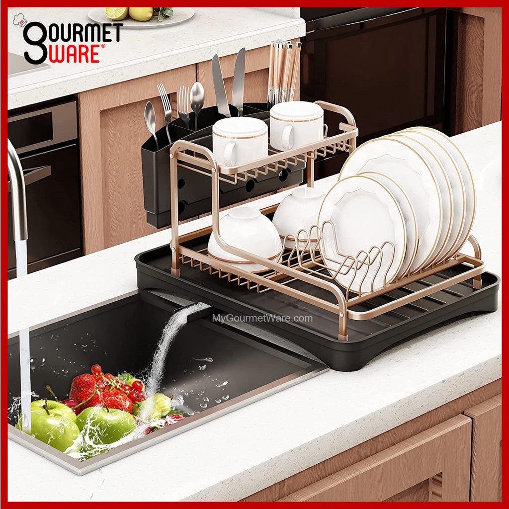 [SG Stock] Rose Gold Aluminum Dish Rack | Kitchen Organizer Storage | Dish Drainer | Drying Plate Shelf | Dish Dryer