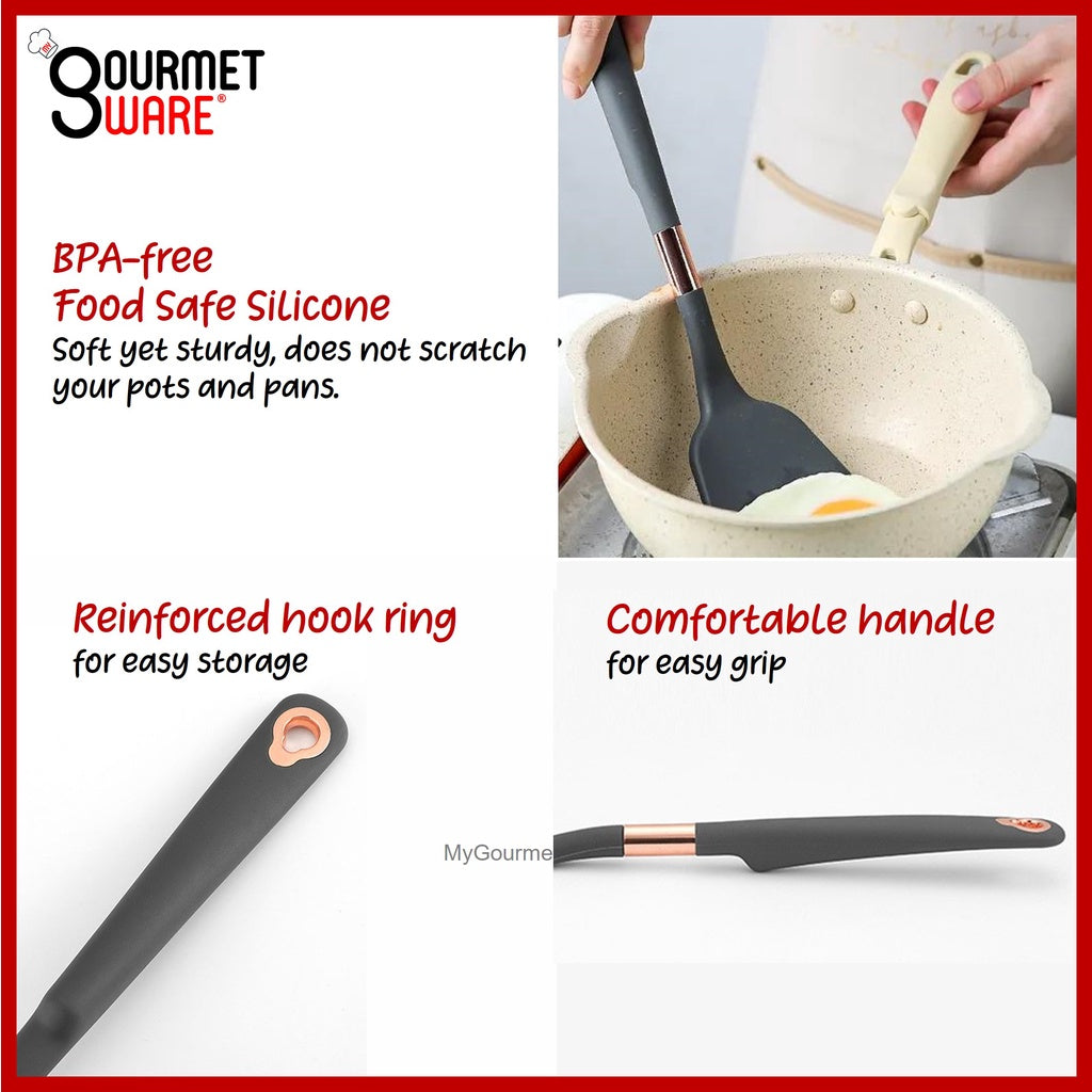 [SG Stock] Rose Gold rim Silicon Kitchen Utensil Set | Non-Stick | Heat Resistant Cookware