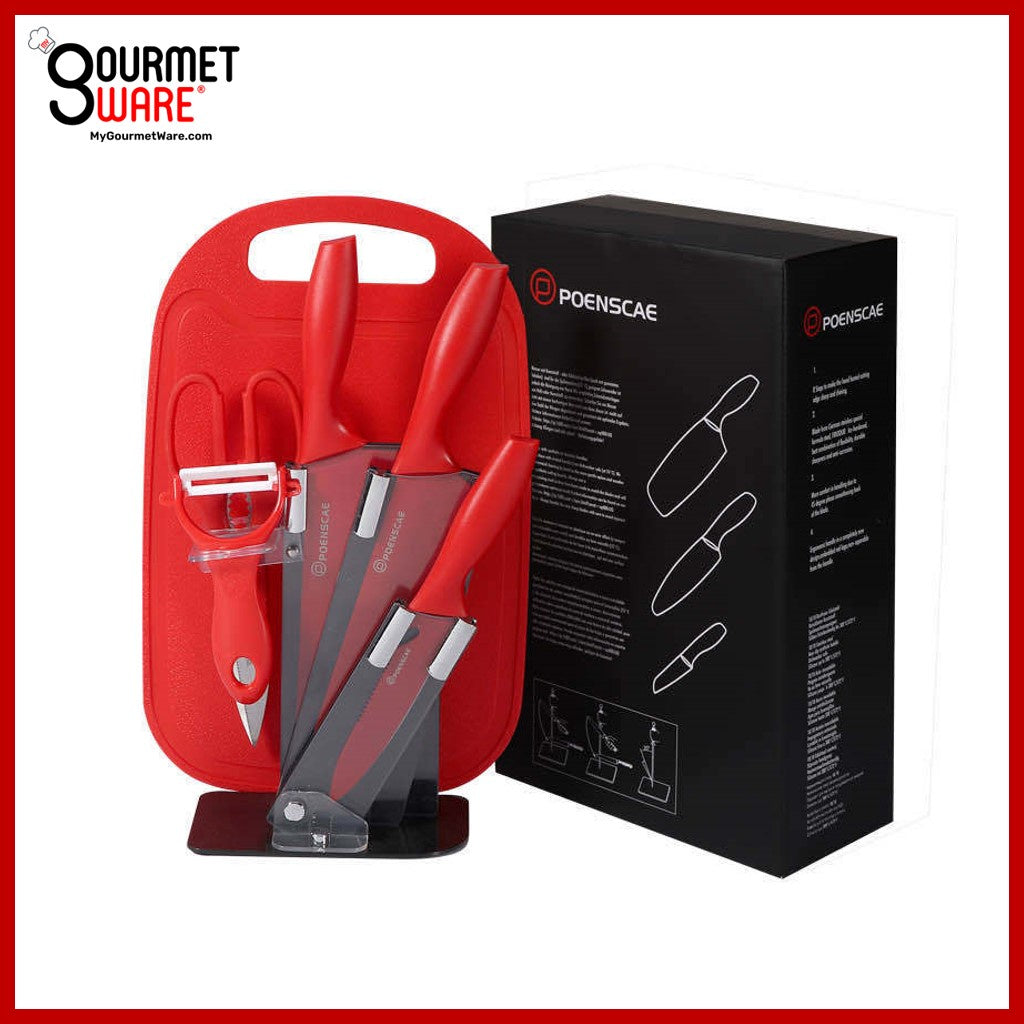 [SG Stock] 7pc All-In-One Complete Kitchen Knives Set | Acrylic Knife Rack | Stainless Steel Knives | Chopping Board