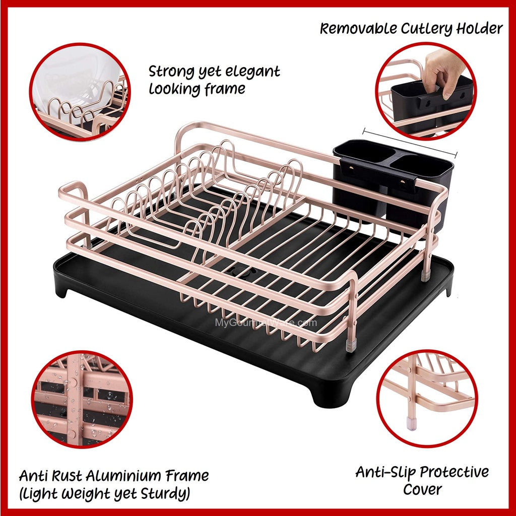 [SG Stock] Rose Gold Aluminum Dish Rack | Kitchen Organizer Storage | Dish Drainer | Drying Plate Shelf | Dish Dryer