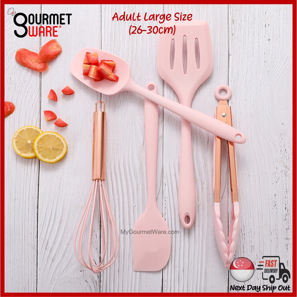 [SG Stock] [Adult Size] Premium Rose Gold Silicone Nonstick | Non Scratch Cooking Utensil 5pc Set