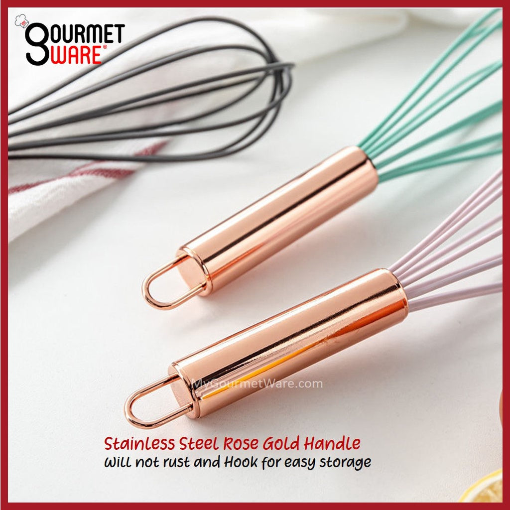 [SG Stock] Rose Gold Silicone Whisk and Tong | BPA Free Non-Stick Stainless Steel Heat Resistant | Bakeware Egg Beater