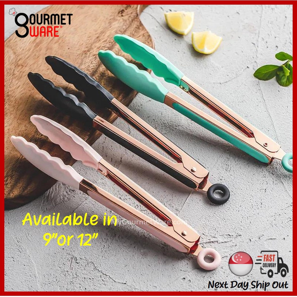 [SG Stock] Premium Rose Gold Kitchen Tongs | BPA Free Non-Stick Silicone Food Tong | Stainless Steel Rust Proof Cooking