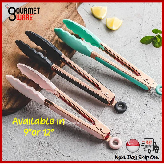 [SG Stock] Premium Rose Gold Kitchen Tongs | BPA Free Non-Stick Silicone Food Tong | Stainless Steel Rust Proof Cooking