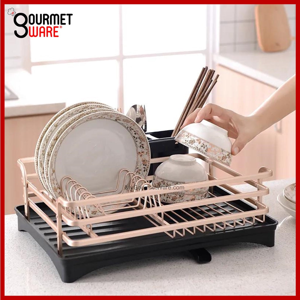 [SG Stock] Rose Gold Aluminum Dish Rack | Kitchen Organizer Storage | Dish Drainer | Drying Plate Shelf | Dish Dryer