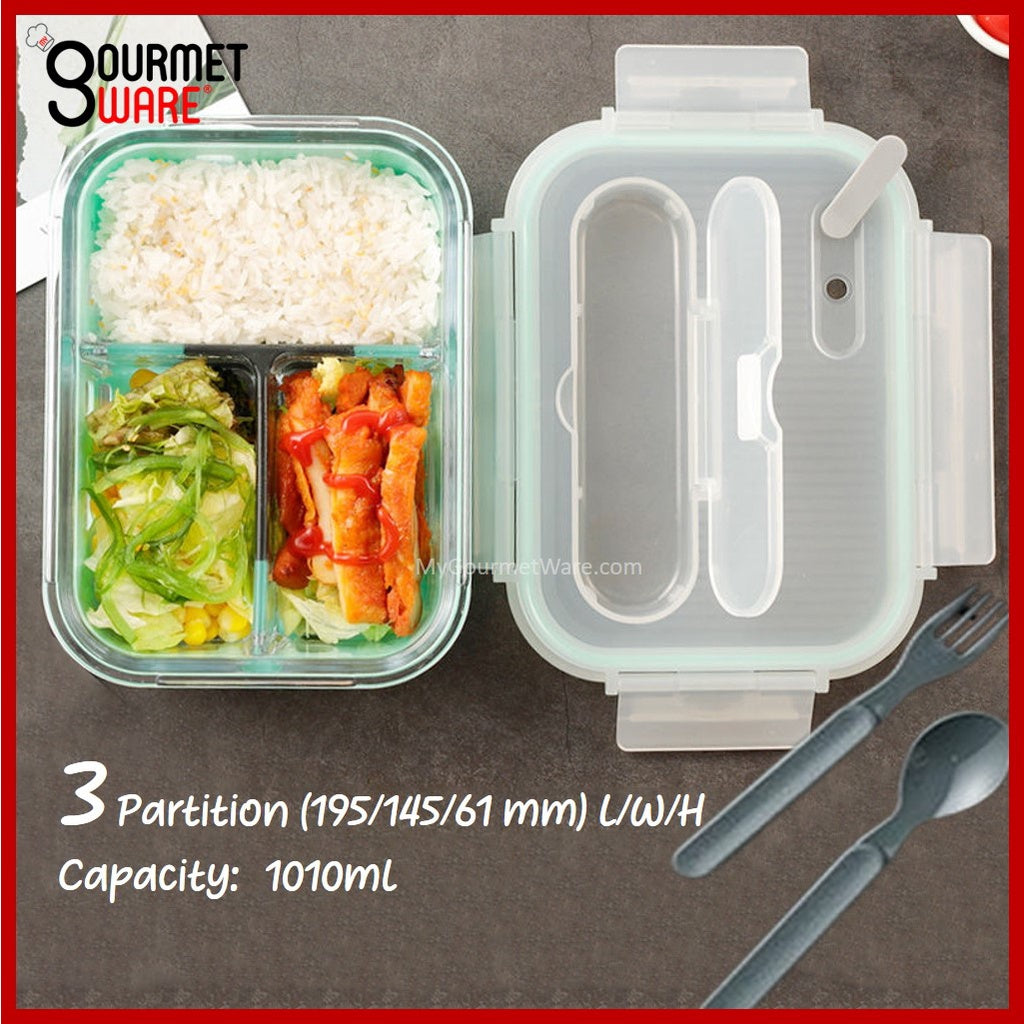 [SG Stock] Glass Lunch Box with Cutlery Storage | BPA Free and Leak Proof | Meal Prep Bento Box | Microwave Safe