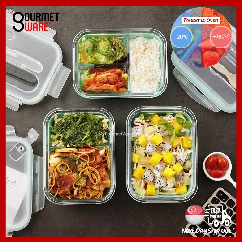 [SG Stock] Glass Lunch Box with Cutlery Storage | BPA Free and Leak Proof | Meal Prep Bento Box | Microwave Safe