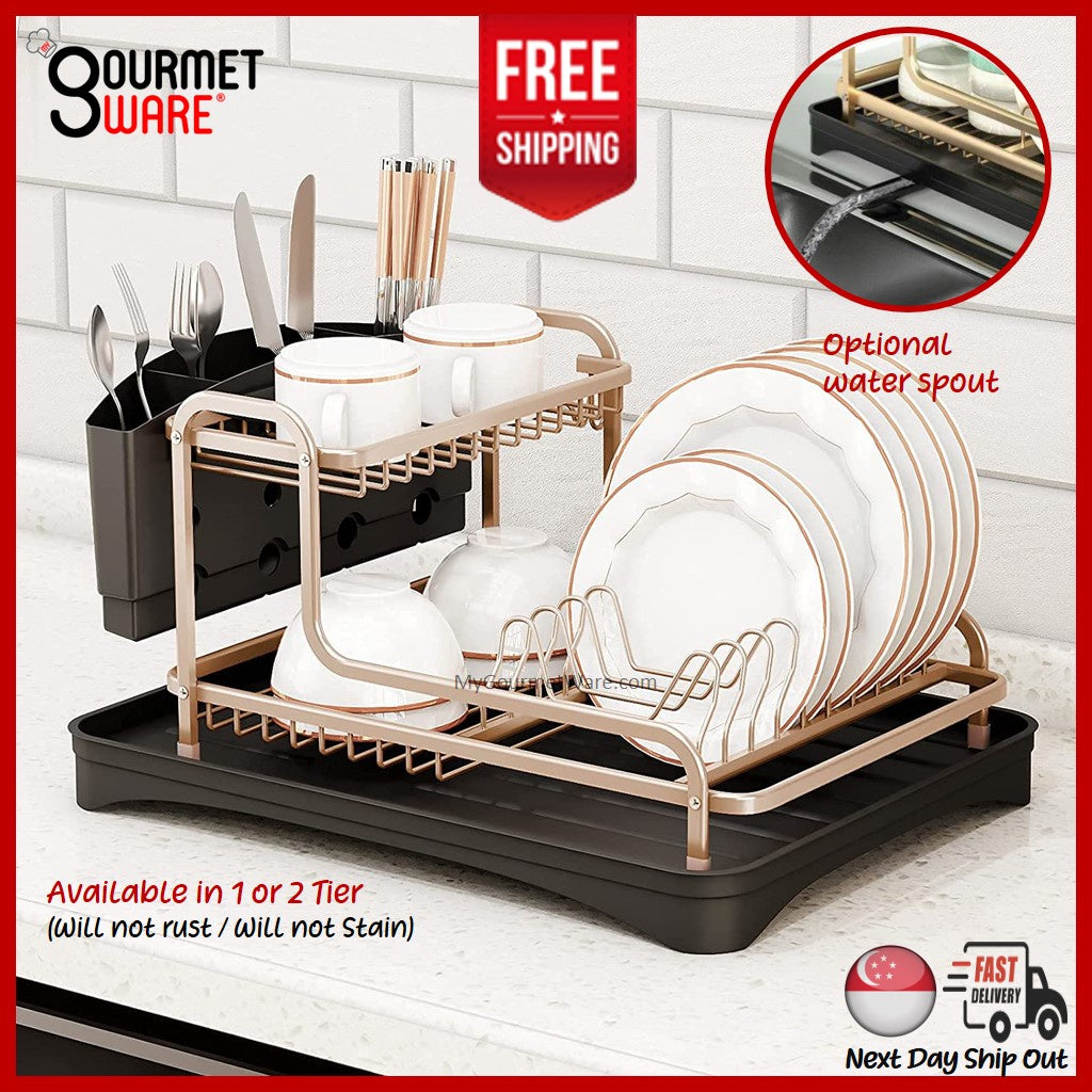 [SG Stock] Rose Gold Aluminum Dish Rack | Kitchen Organizer Storage | Dish Drainer | Drying Plate Shelf | Dish Dryer