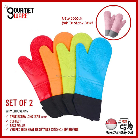 [SG Stock] Set of 2 | TRUE Extra Long (37.5cm) Silicone Oven Mitts | Oven Gloves | Quilted Liner | Heat Resistant