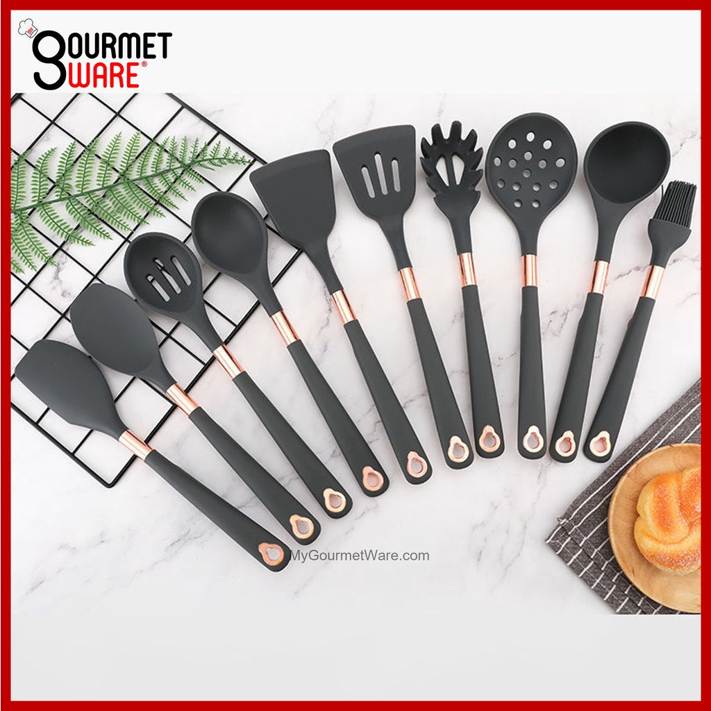 [SG Stock] Rose Gold rim Silicon Kitchen Utensil Set | Non-Stick | Heat Resistant Cookware