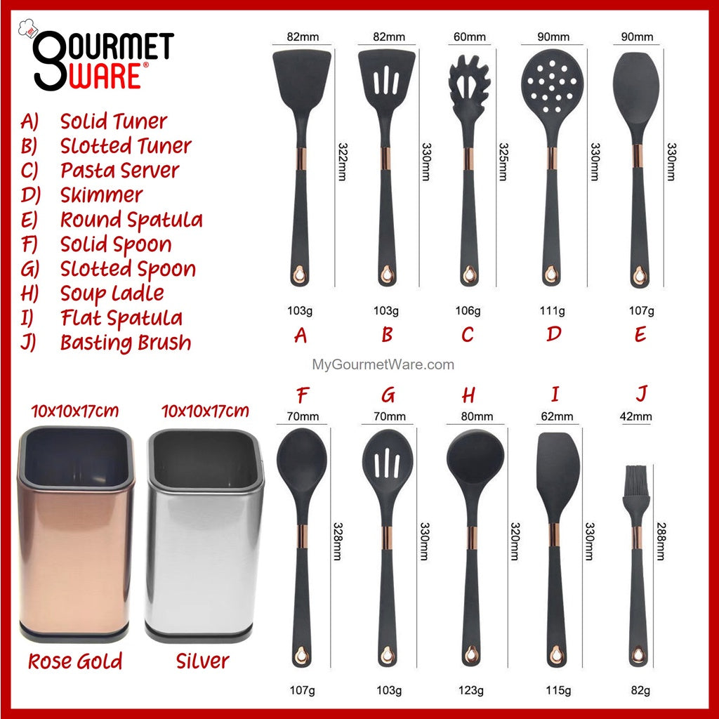 [SG Stock] Rose Gold rim Silicon Kitchen Utensil Set | Non-Stick | Heat Resistant Cookware
