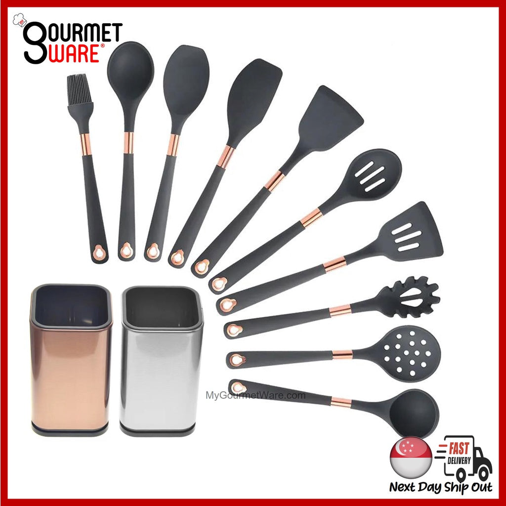 [SG Stock] Rose Gold rim Silicon Kitchen Utensil Set | Non-Stick | Heat Resistant Cookware