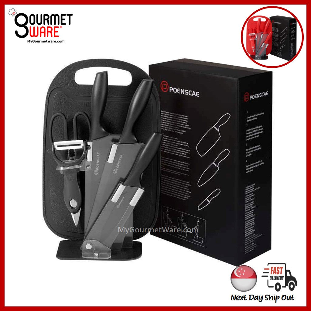 [SG Stock] 7pc All-In-One Complete Kitchen Knives Set | Acrylic Knife Rack | Stainless Steel Knives | Chopping Board