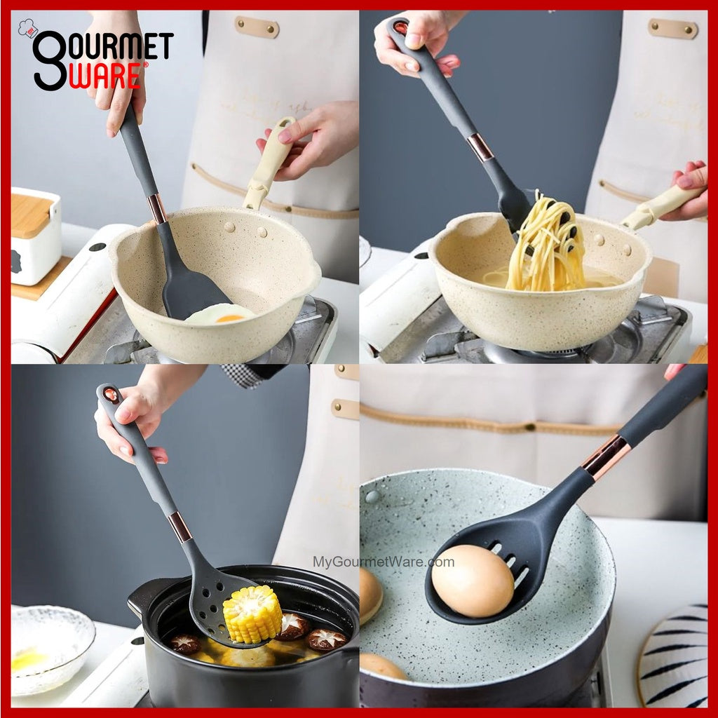 [SG Stock] Rose Gold rim Silicon Kitchen Utensil Set | Non-Stick | Heat Resistant Cookware