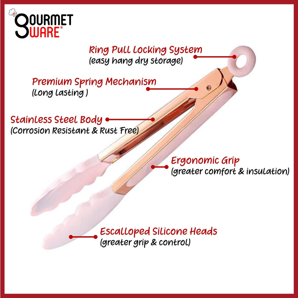 [SG Stock] Premium Rose Gold Kitchen Tongs | BPA Free Non-Stick Silicone Food Tong | Stainless Steel Rust Proof Cooking