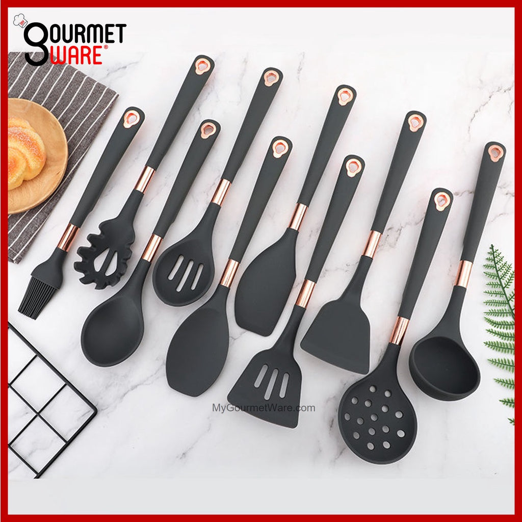 [SG Stock] Rose Gold rim Silicon Kitchen Utensil Set | Non-Stick | Heat Resistant Cookware