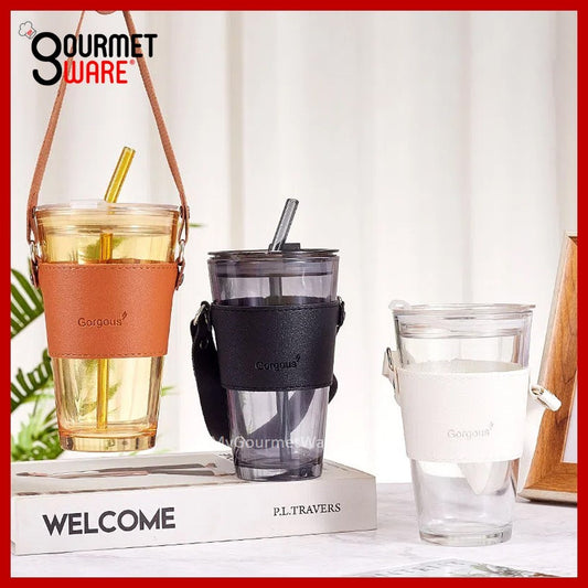 [SG Stock]  Coffee Cup Glass with Straw | Tumbler with carry strap
