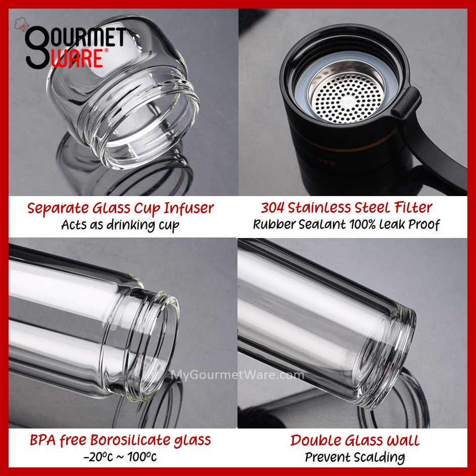 [SG STOCK] Double Glass Wall Tea Infuser Cold Brew Coffee Strainer Fruit Tea Glass Bottle | XL 800ml 泡茶瓶