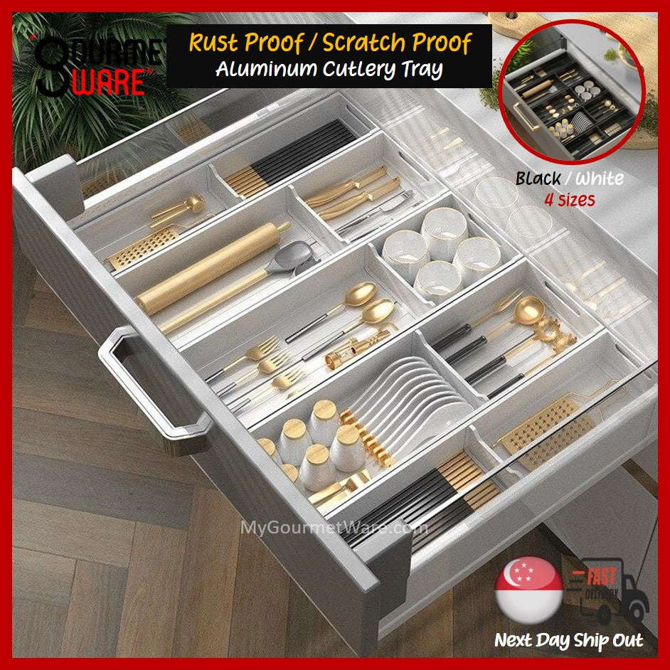 [SG Stock] Aluminium Adjustable Cutlery Drawer Organizer Flatware Tray for Silverware Cutlery