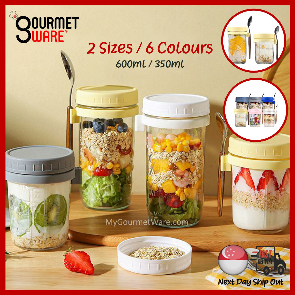 [SG Stock] Oatmeal Cup | Breakfast Cereal Oats Cup | Mason Glass Jar with Spoon | Leak Proof Parfait Container Mug 燕麦杯