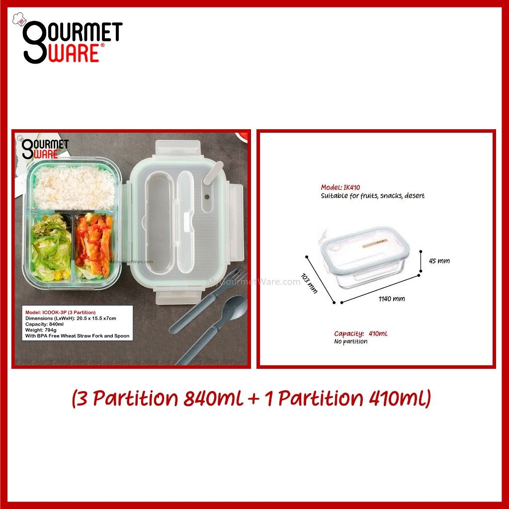 [SG Stock] Glass Lunch Box with Cutlery Storage | BPA Free and Leak Proof | Meal Prep Bento Box | Microwave Safe
