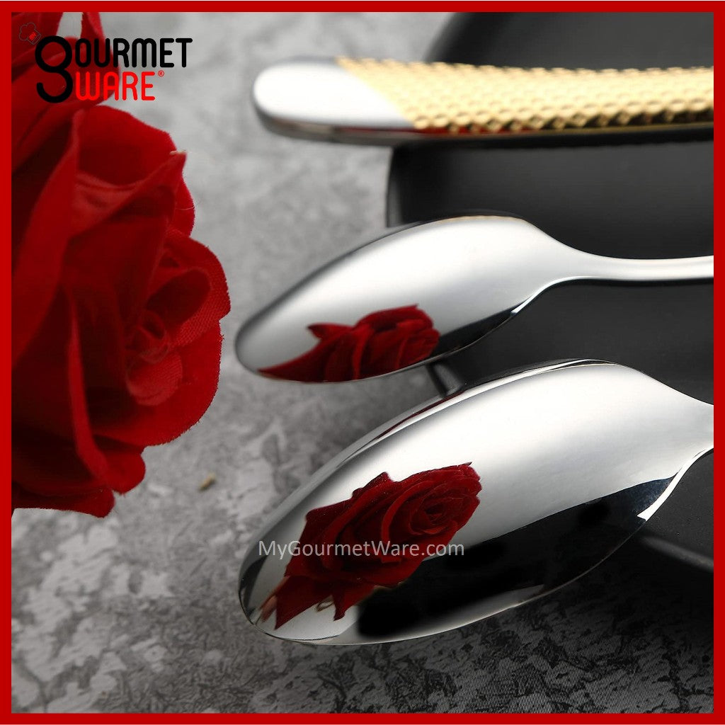 [SG Stock] Gold Accented Cutlery | Stainless Steel Serving Fork, Knife, Spoon Silverware Tableware Flatware Dinnerware