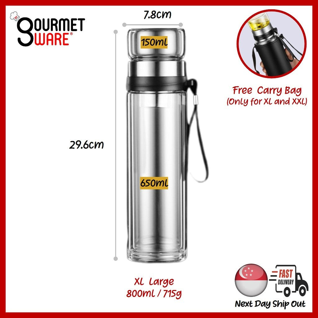 [SG STOCK] Double Glass Wall Tea Infuser Cold Brew Coffee Strainer Fruit Tea Glass Bottle | XL 800ml 泡茶瓶