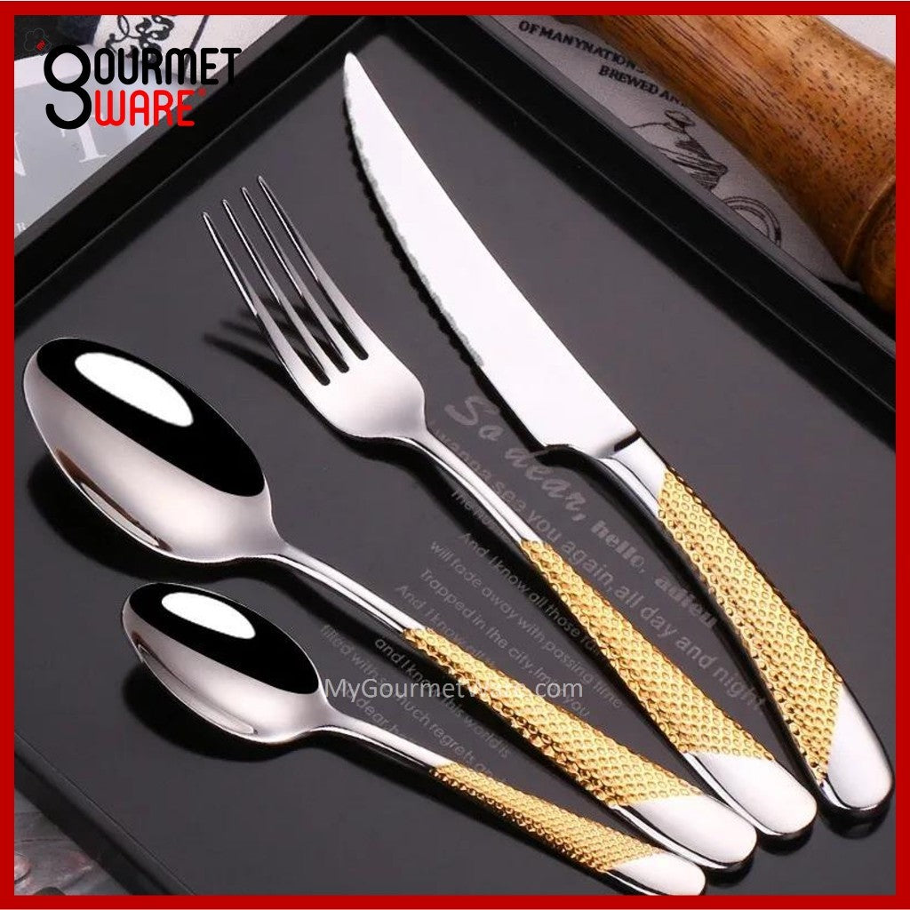 [SG Stock] Gold Accented Cutlery | Stainless Steel Serving Fork, Knife, Spoon Silverware Tableware Flatware Dinnerware