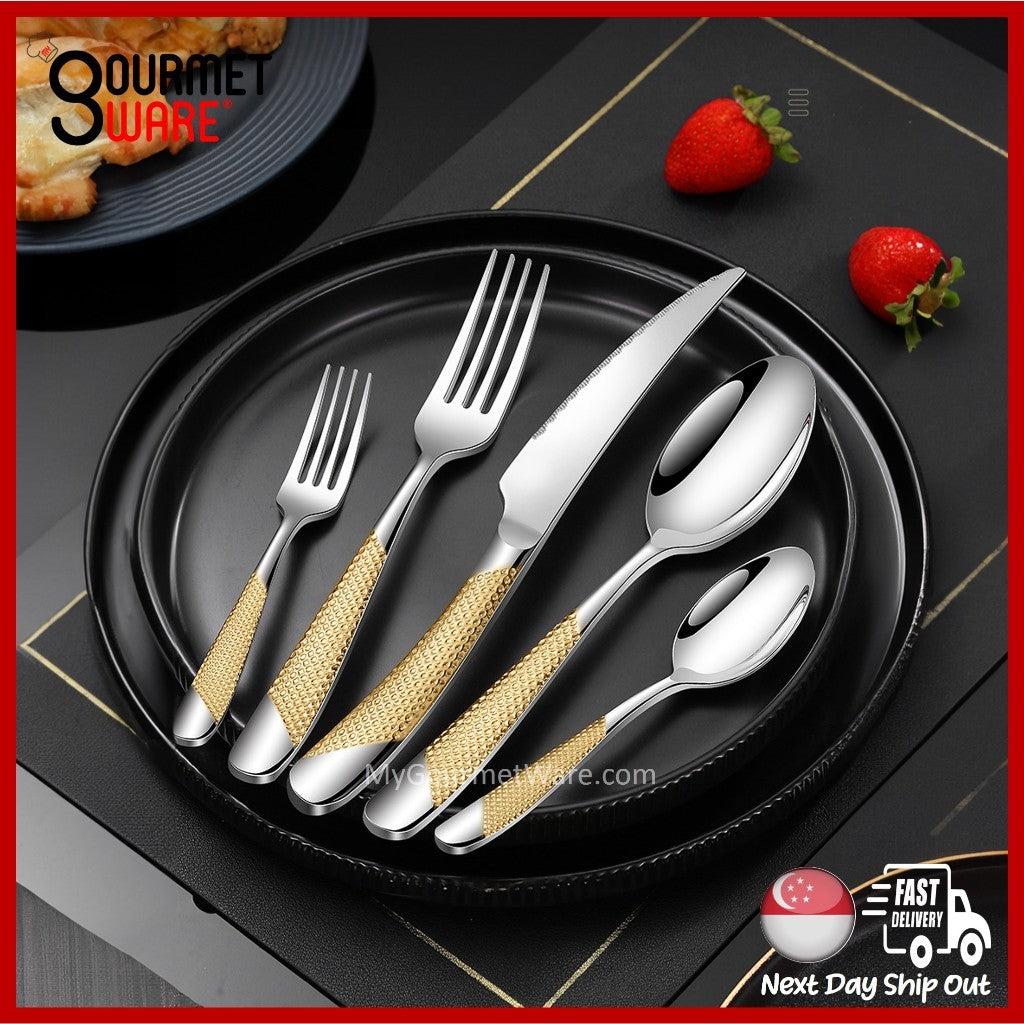 [SG Stock] Gold Accented Cutlery | Stainless Steel Serving Fork, Knife, Spoon Silverware Tableware Flatware Dinnerware