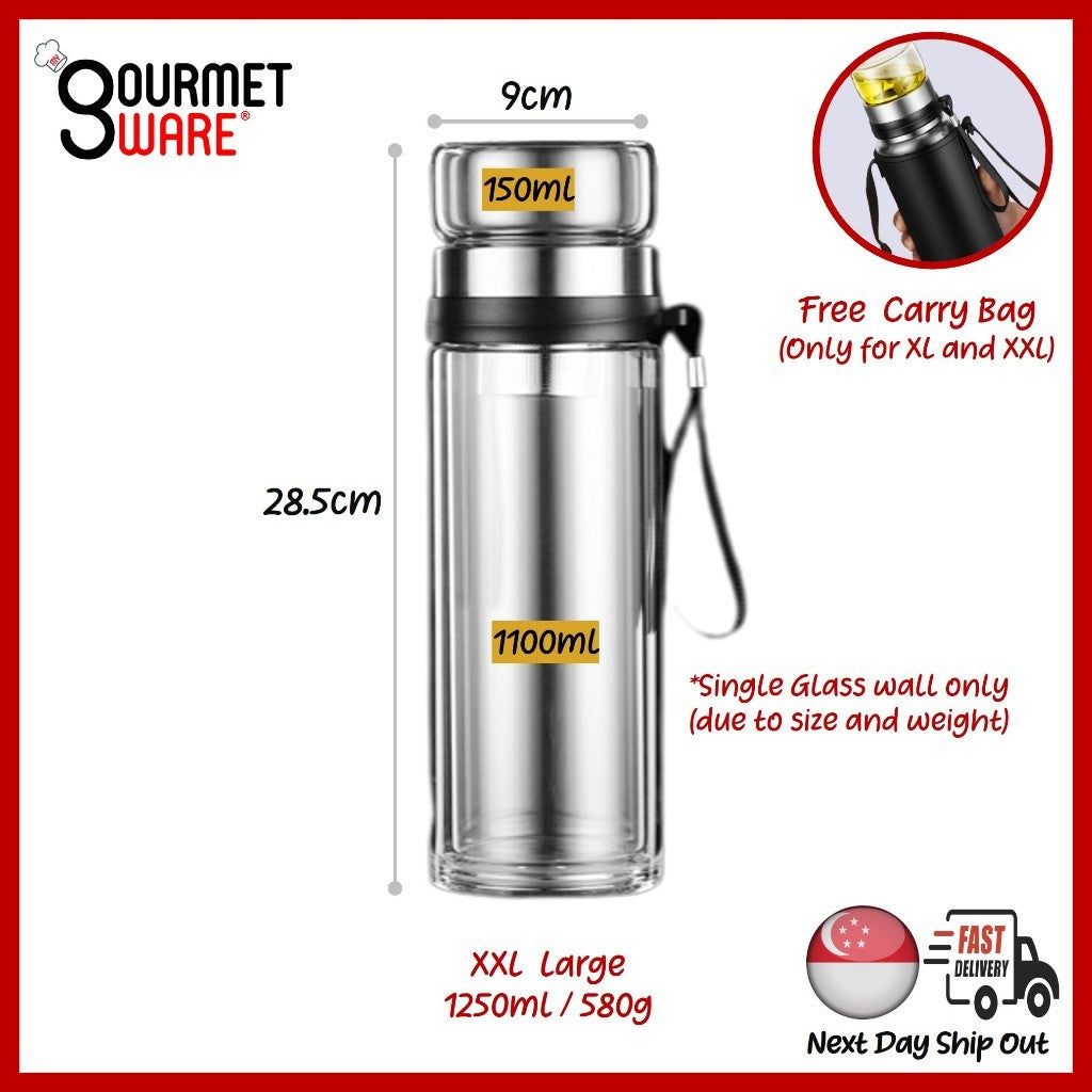 [SG STOCK] Double Glass Wall Tea Infuser Cold Brew Coffee Strainer Fruit Tea Glass Bottle | XL 800ml 泡茶瓶