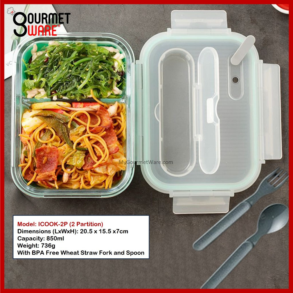 [SG Stock] Glass Lunch Box with Cutlery Storage | BPA Free and Leak Proof | Meal Prep Bento Box | Microwave Safe