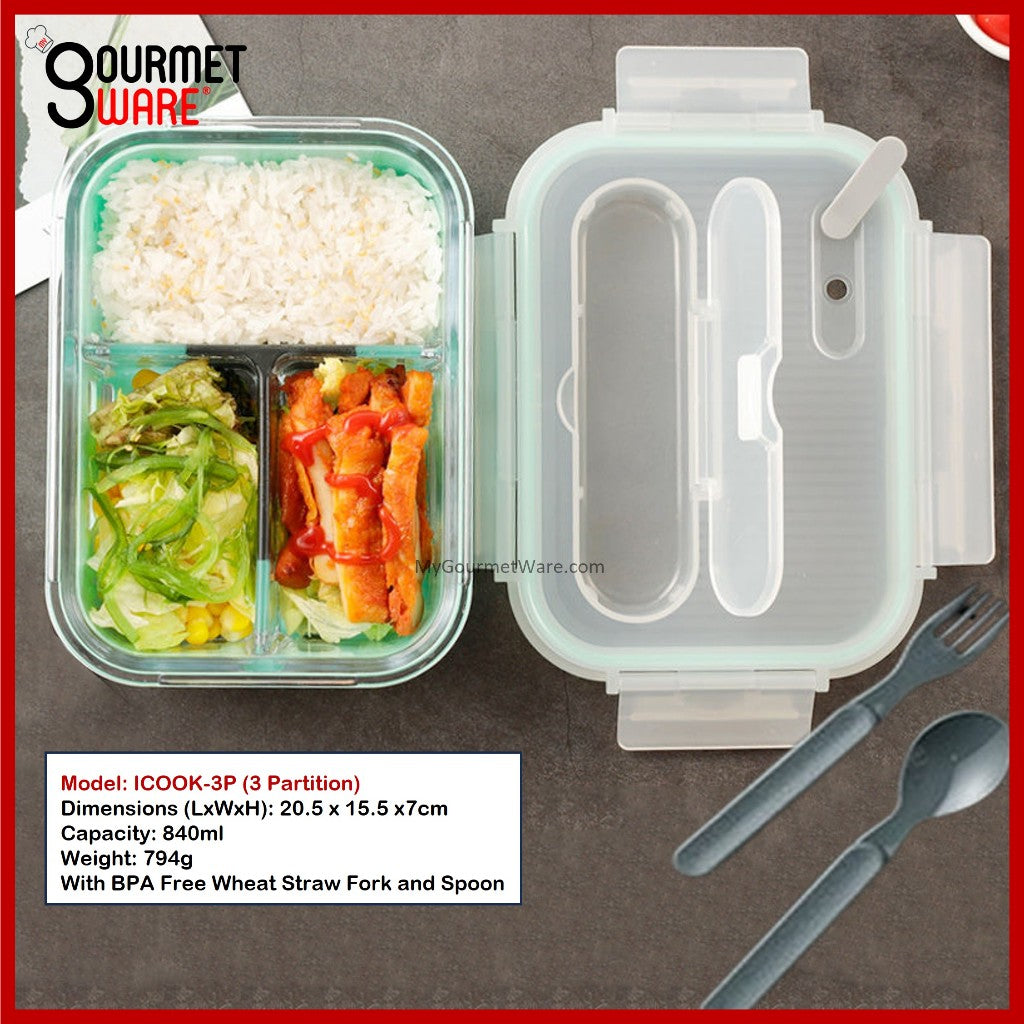 [SG Stock] Glass Lunch Box with Cutlery Storage | BPA Free and Leak Proof | Meal Prep Bento Box | Microwave Safe