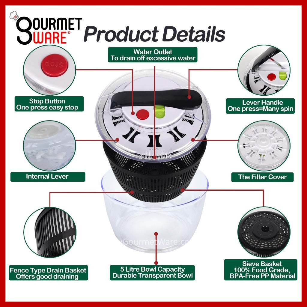 [SG Stock] 5L New Improved and with Thicker Walls | 4-in-1 Salad Spinner Bowl | Vegetable Dehydrator | Colander Strainer