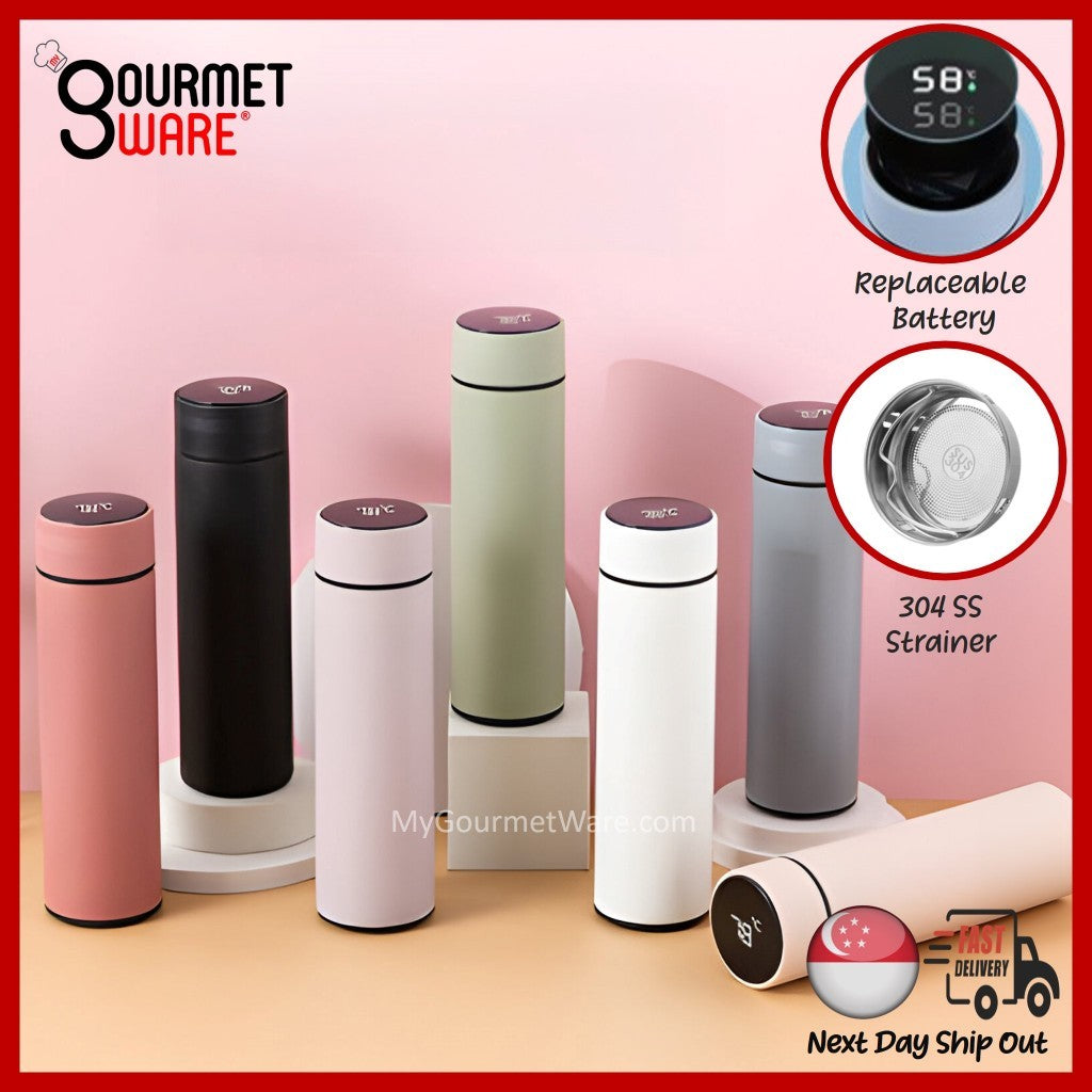 [SG Stock] 500ml Thermal Flask Temperature Display | Battery Replaceable | Stainless Steel Vacuum Flask Hot Water Bottle