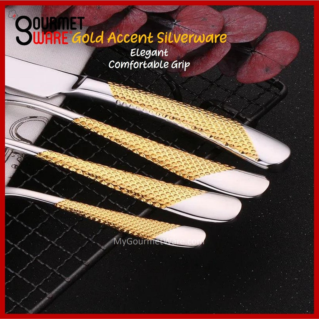 [SG Stock] Gold Accented Cutlery | Stainless Steel Serving Fork, Knife, Spoon Silverware Tableware Flatware Dinnerware