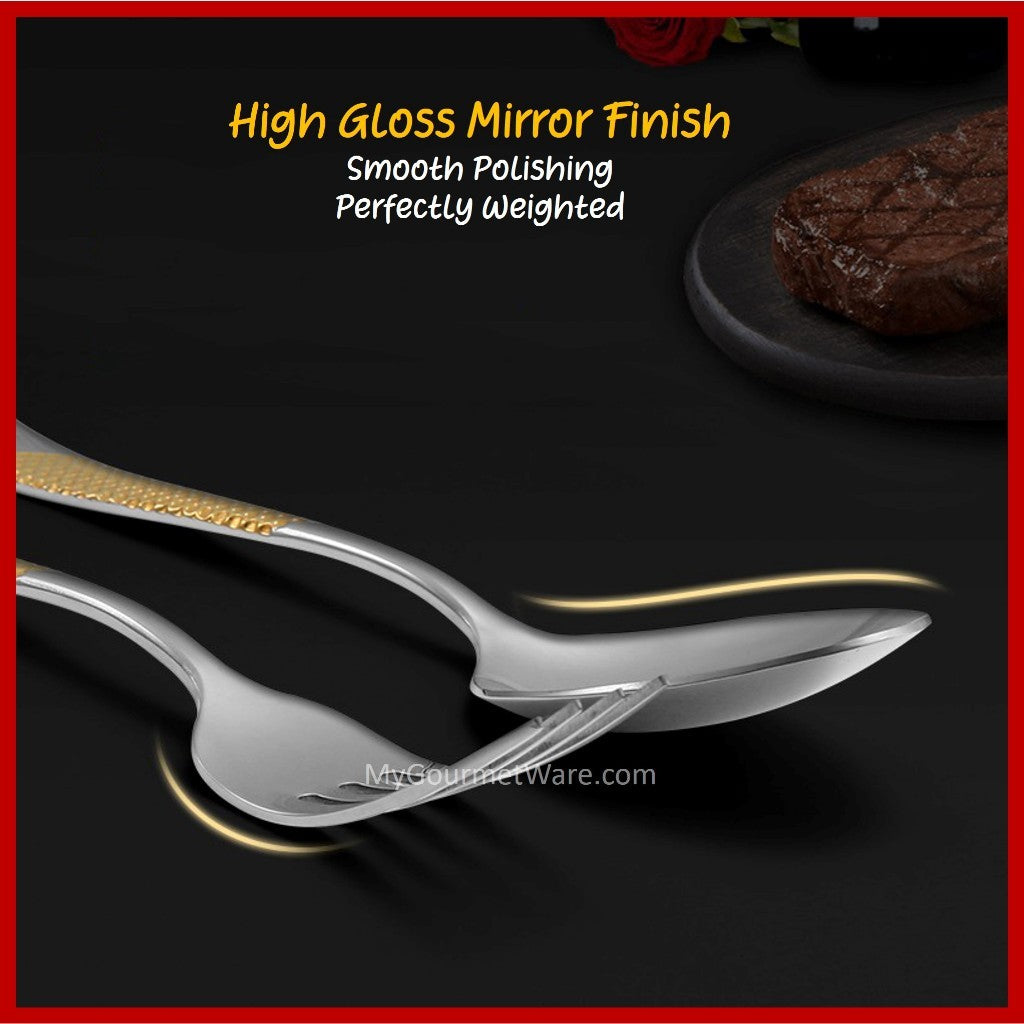 [SG Stock] Gold Accented Cutlery | Stainless Steel Serving Fork, Knife, Spoon Silverware Tableware Flatware Dinnerware