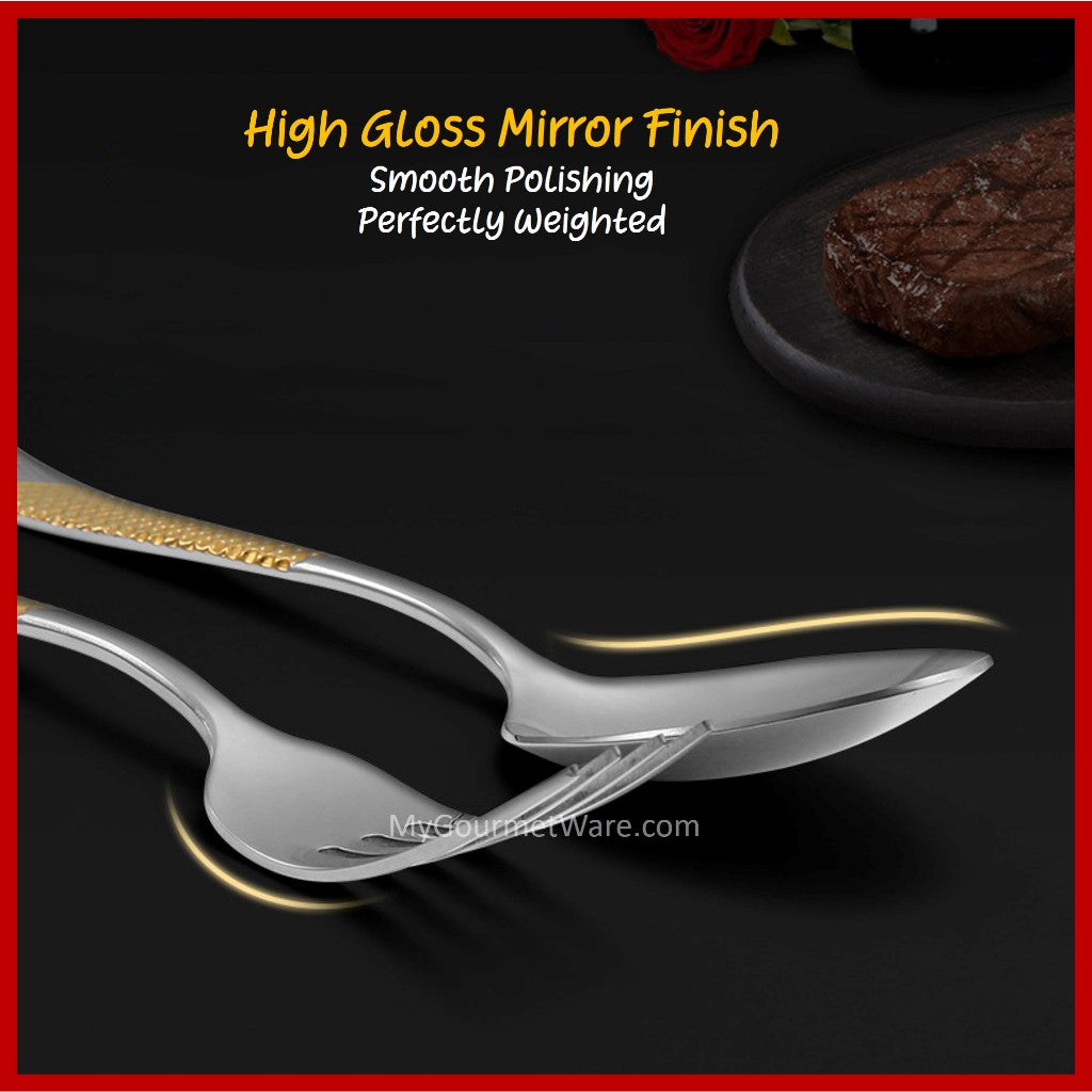 [SG Stock] Gold Accented Cutlery | Stainless Steel Serving Fork, Knife, Spoon Silverware Tableware Flatware Dinnerware