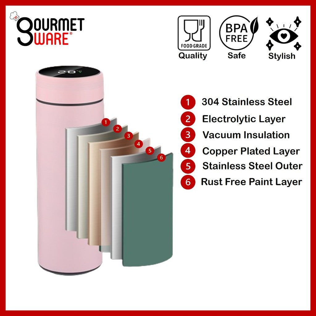 [SG Stock] 500ml Thermal Flask Temperature Display | Battery Replaceable | Stainless Steel Vacuum Flask Hot Water Bottle