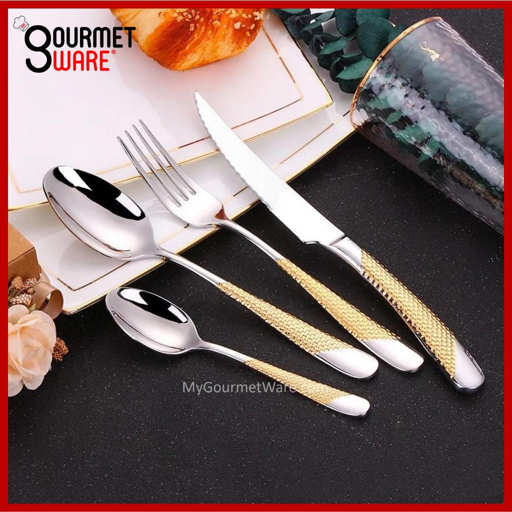 [SG Stock] Gold Accented Cutlery | Stainless Steel Serving Fork, Knife, Spoon Silverware Tableware Flatware Dinnerware