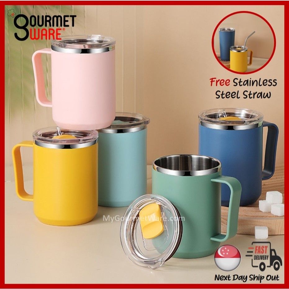 [SG Stock] Stainless Steel Mug with Sliding Lid 450ml | Coffee Cup Travel Tumbler | Minimalist Cup